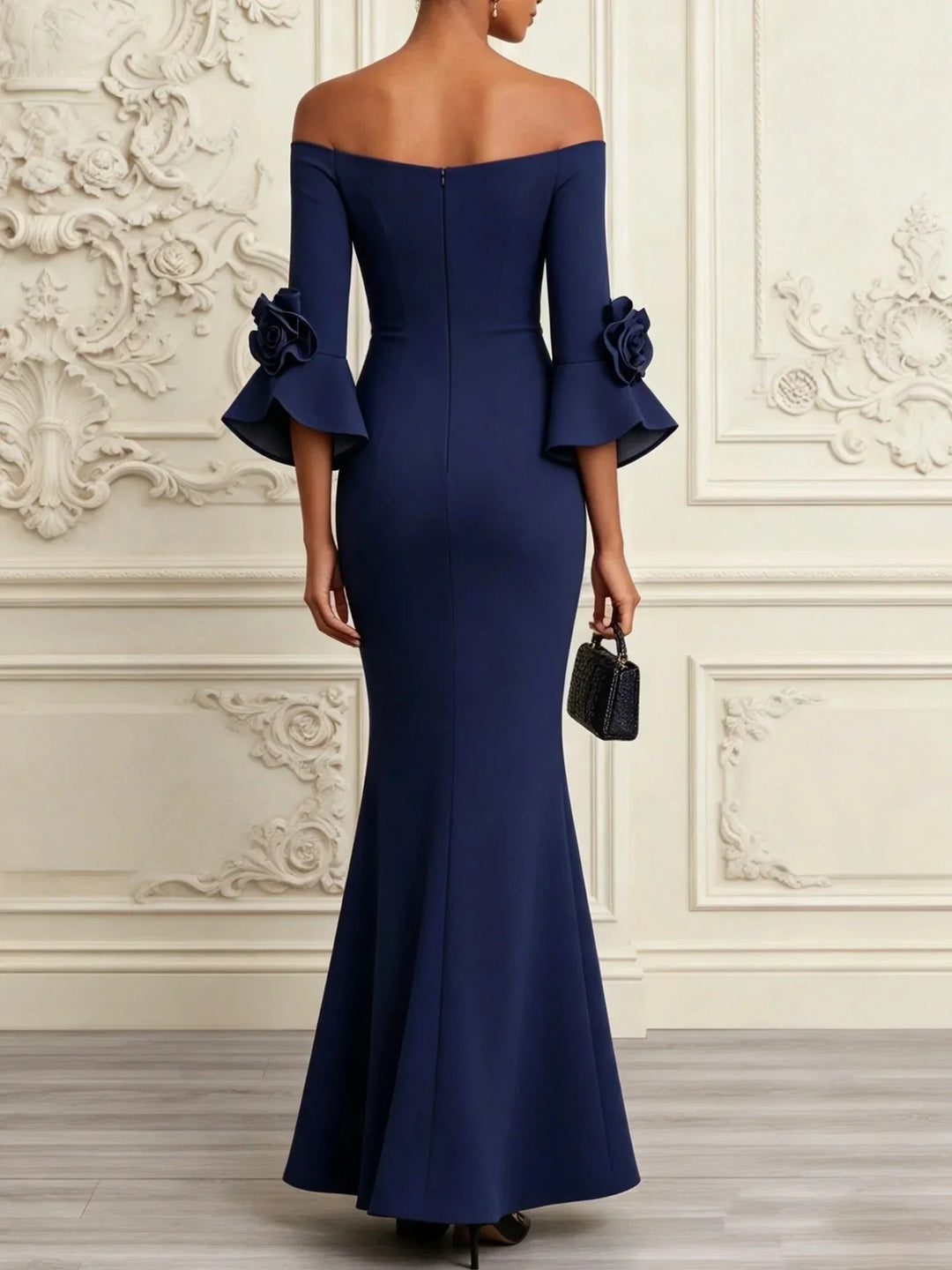 Lucienne | Navy 3D Floral Mermaid Maxi Dress