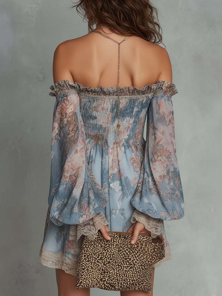 Romane | Off-Shoulder Mini Dress in Gathered Chiffon with Romantic Floral Design