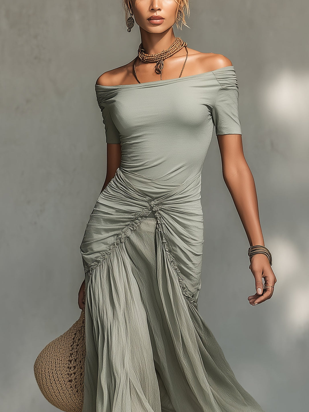 Grey Stretch Fabric And Chiffon Maxi Dress