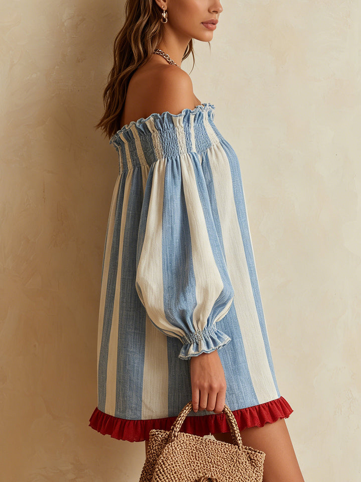 Ondine | Blue and White Striped Mini Dress with Off-the-Shoulder Style and Contrasting Hem
