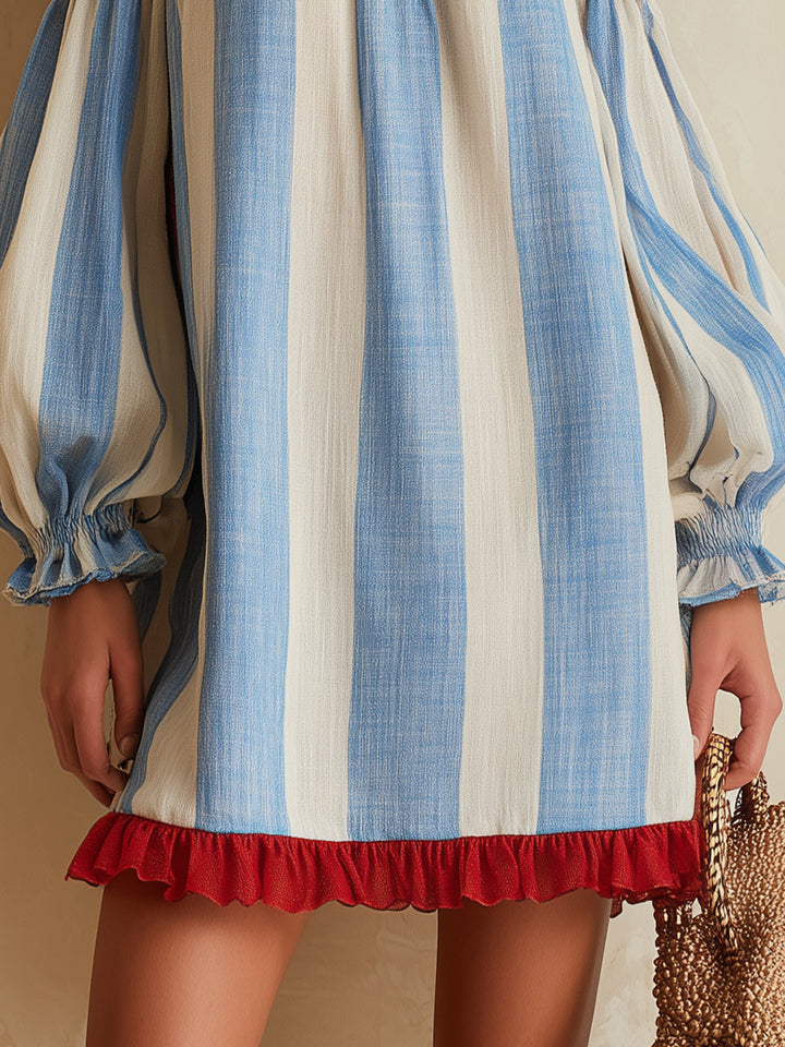 Ondine | Blue and White Striped Mini Dress with Off-the-Shoulder Style and Contrasting Hem
