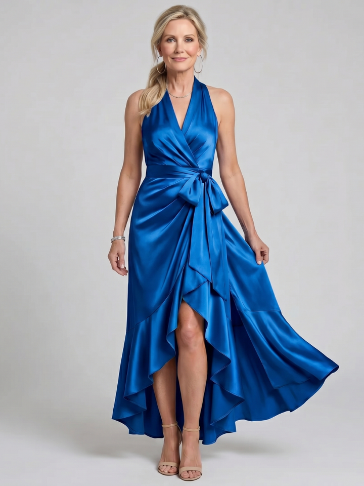 Avery Halter Neck Wrap Asymmetric Hem Midi Dress