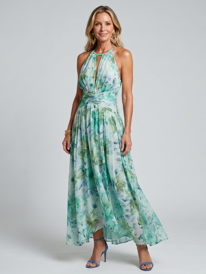 Layla Pleated Halter Soft Floral Pattern Midi Dress