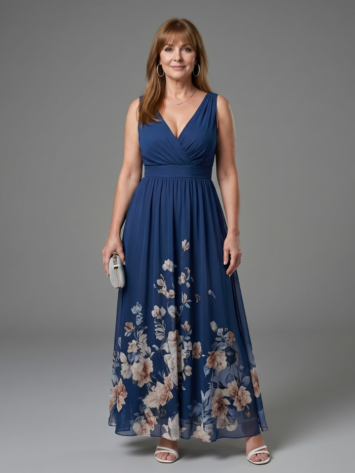 Vanessa Sleeveless V Neck Soft Floral Hem Midi Dress