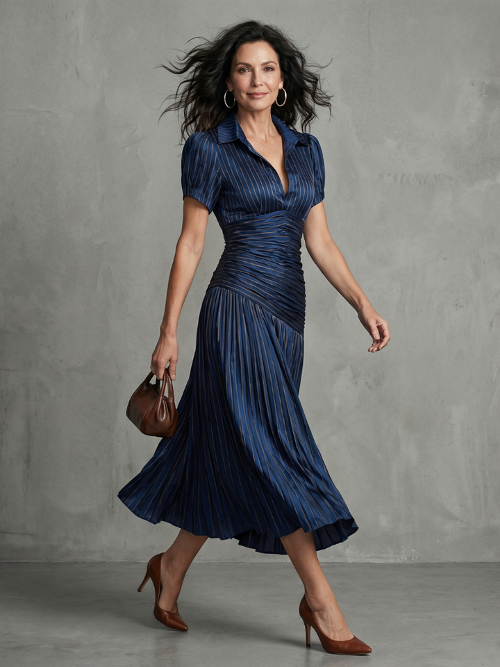 Eleanor Pleated Waistline Stripe Midi Dress