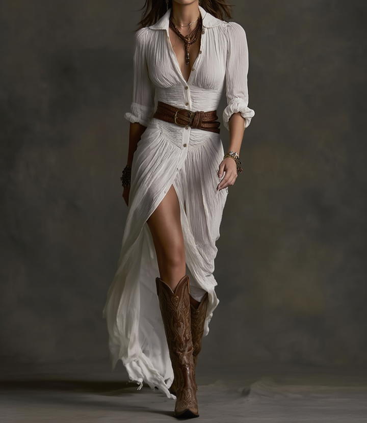 Lucy - Long Linen Dress with Reversed Collar