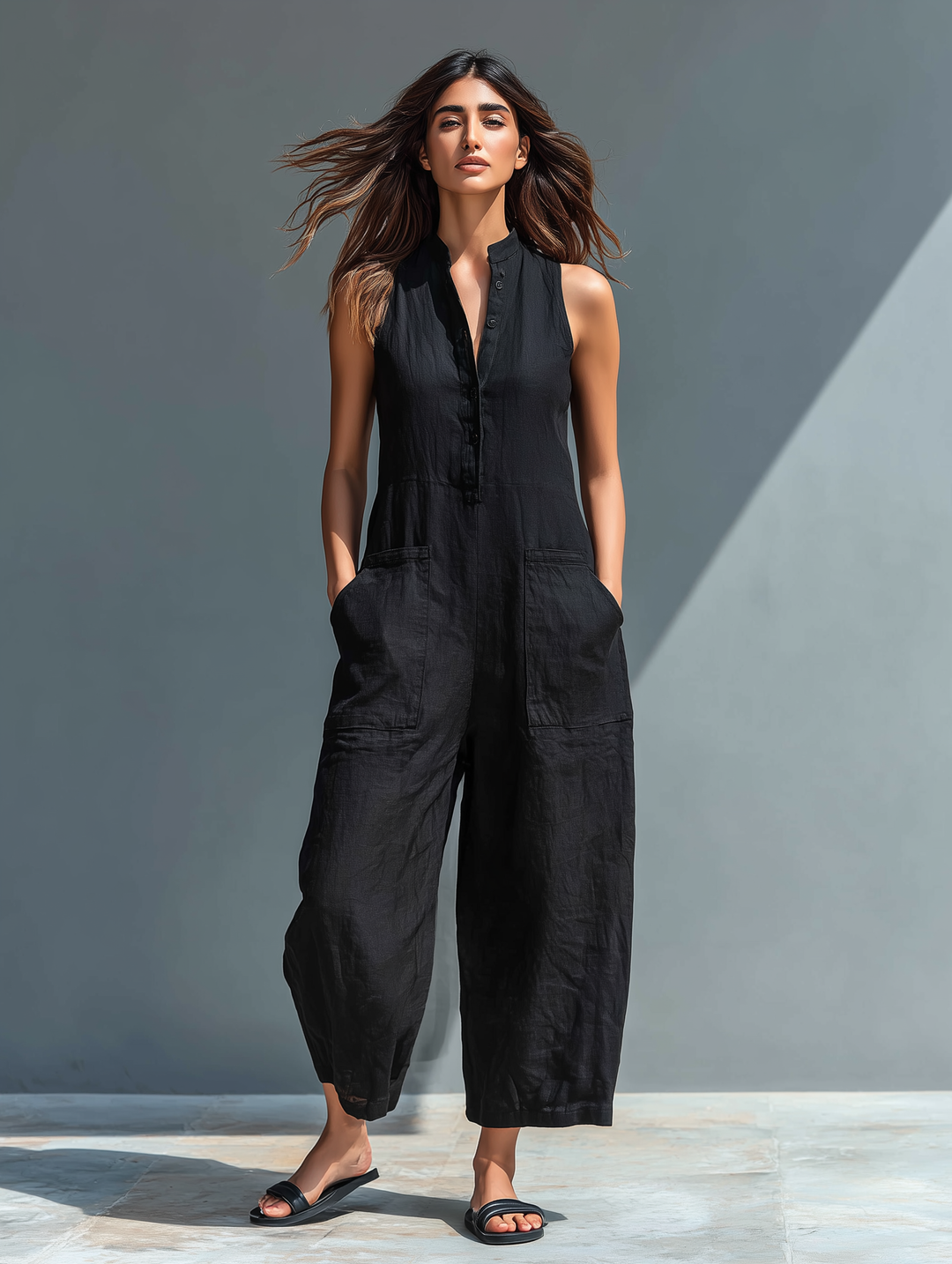 Mouwloze Jumpsuit voor Vrouwen met Hoge Kraag en Knopen