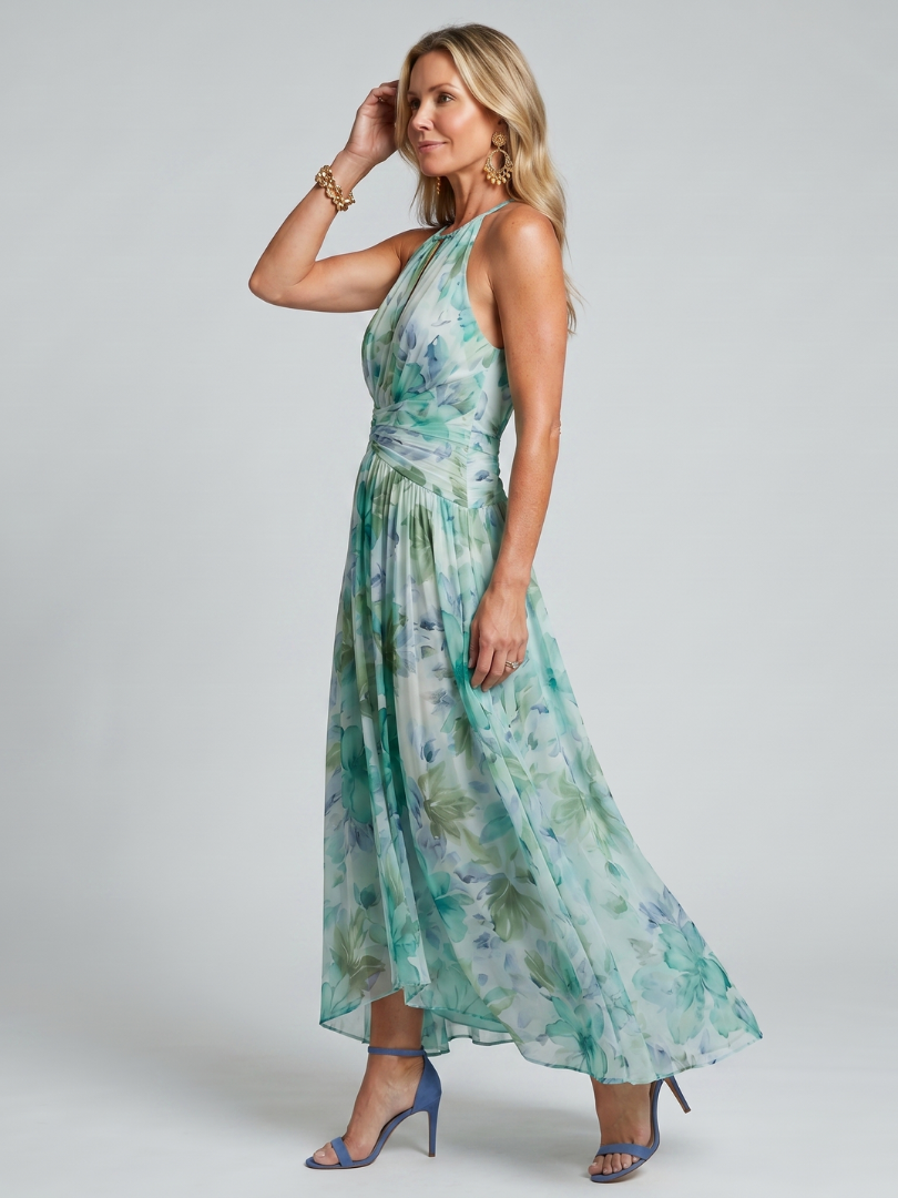 Layla Pleated Halter Soft Floral Pattern Midi Dress