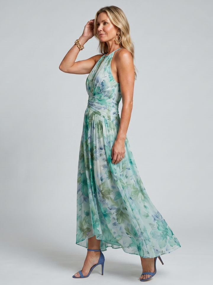 Layla Pleated Halter Soft Floral Pattern Midi Dress
