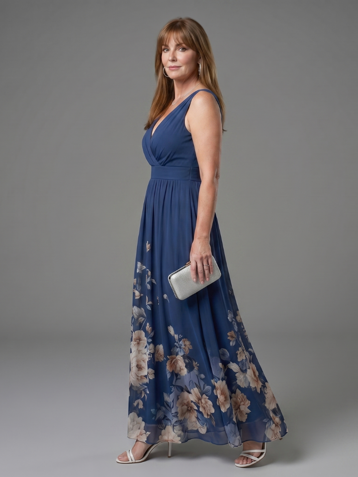 Vanessa Sleeveless V Neck Soft Floral Hem Midi Dress