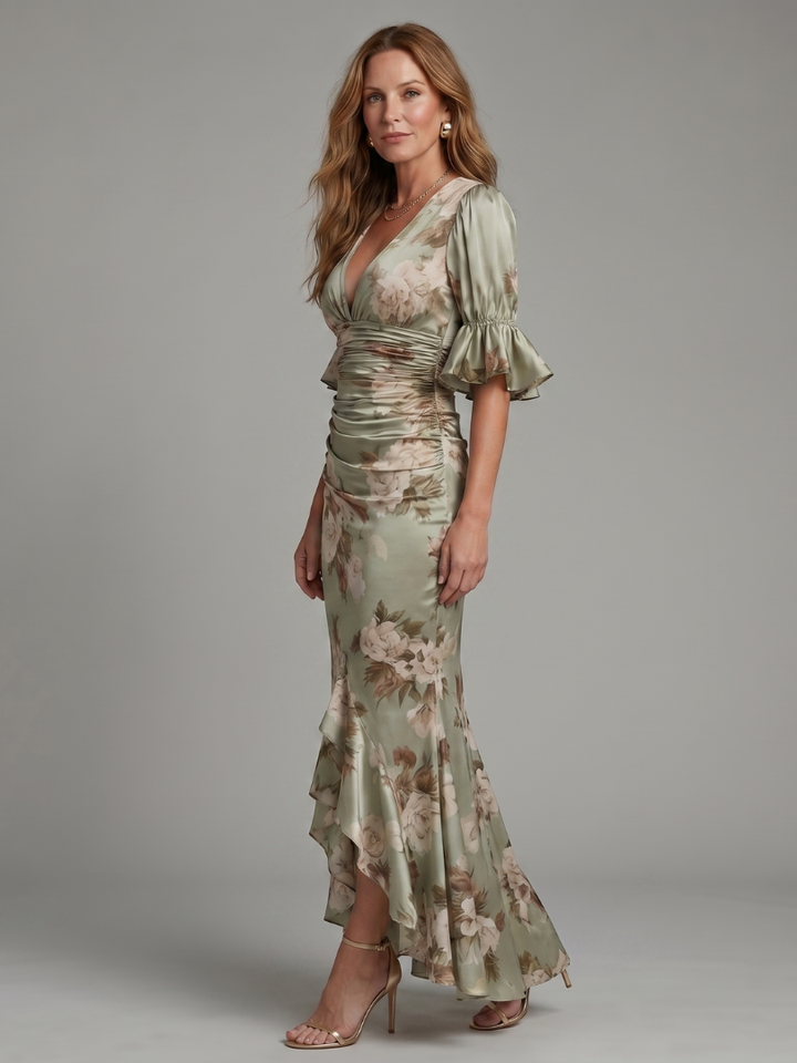 Kelsey Short Sleeve V Neck Ruched Waist Midi Dress