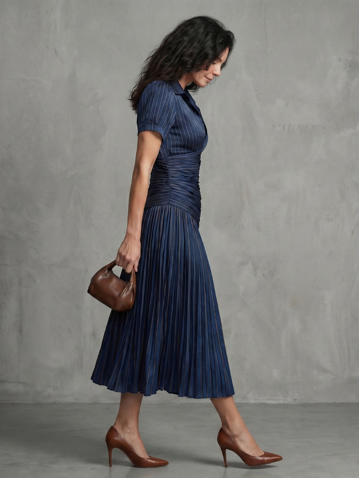 Eleanor Pleated Waistline Stripe Midi Dress