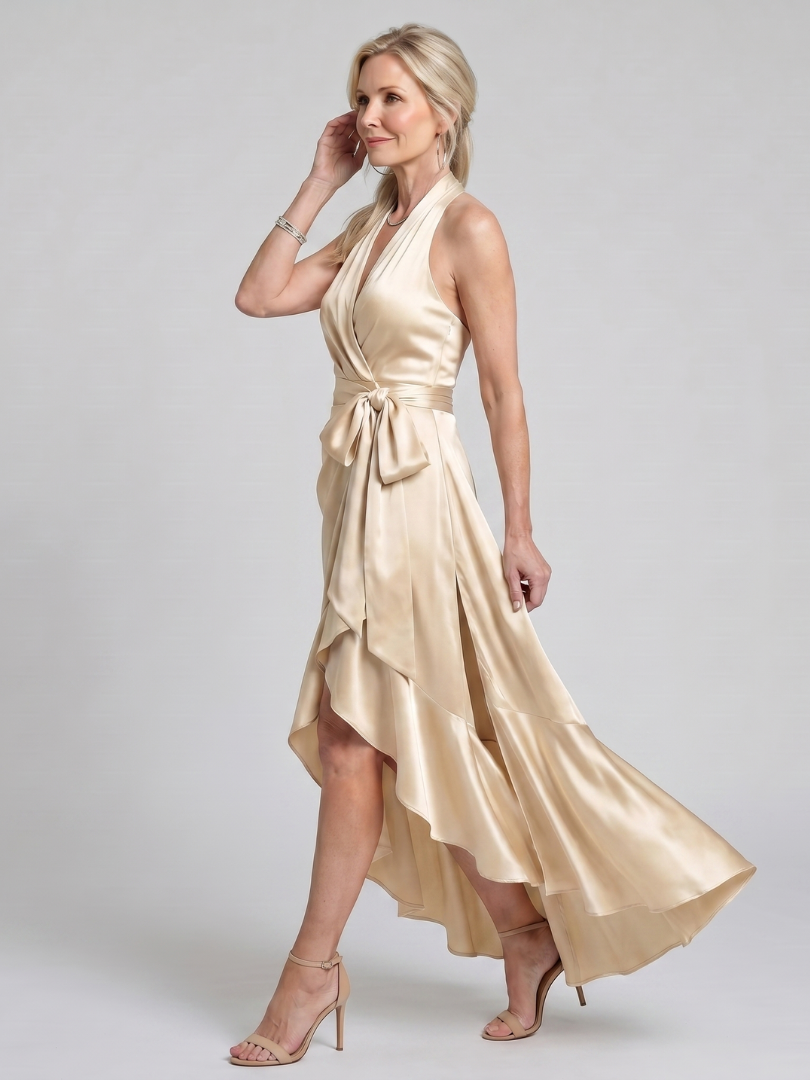 Avery Halter Neck Wrap Asymmetric Hem Midi Dress