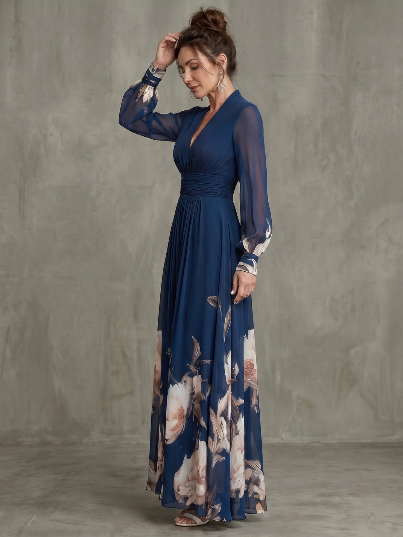 Scarlett Pleated Sheer Sleeves Maxi Dress