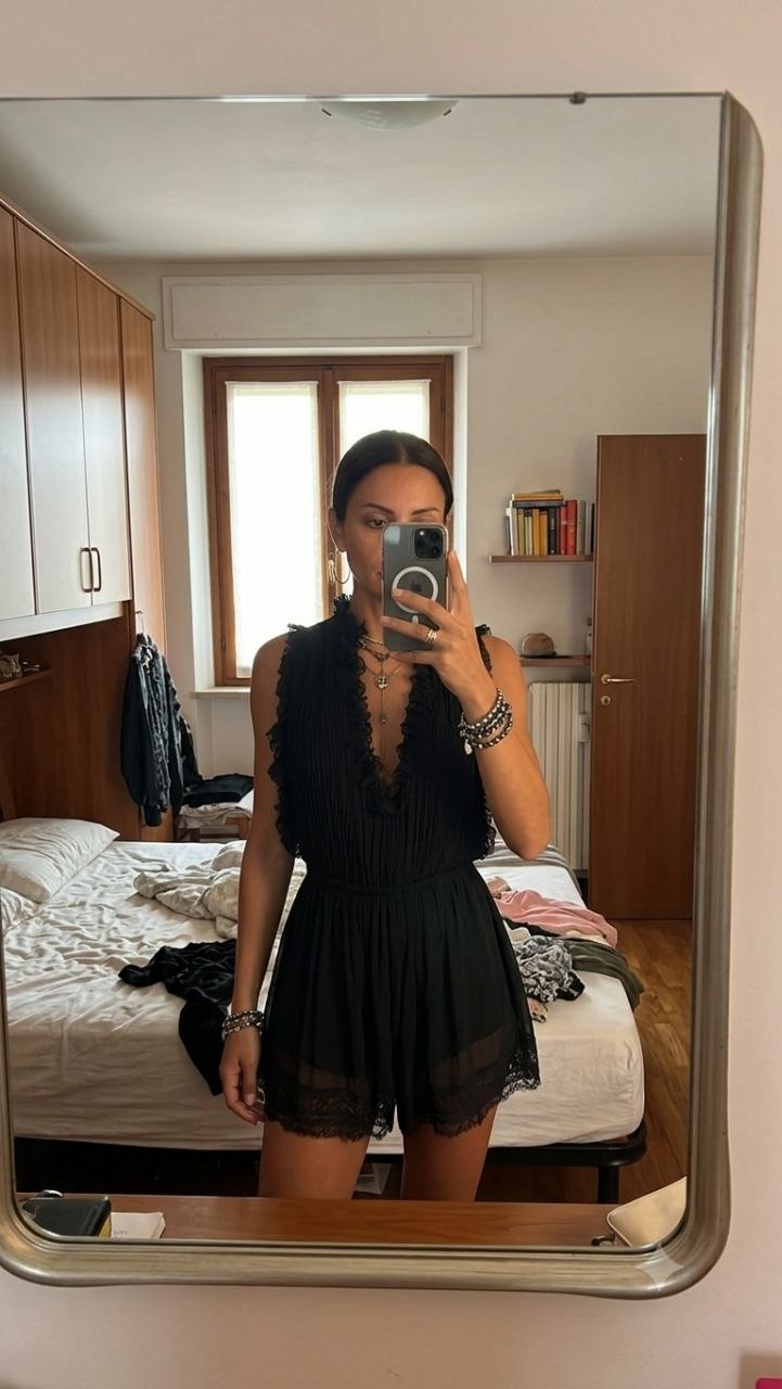 Black Pleated Chiffon Jumpsuit with Ruffled Trim