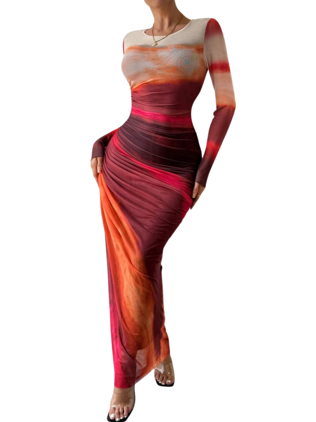 TESSIET - All-Over Print Ruched Bodycon Dress