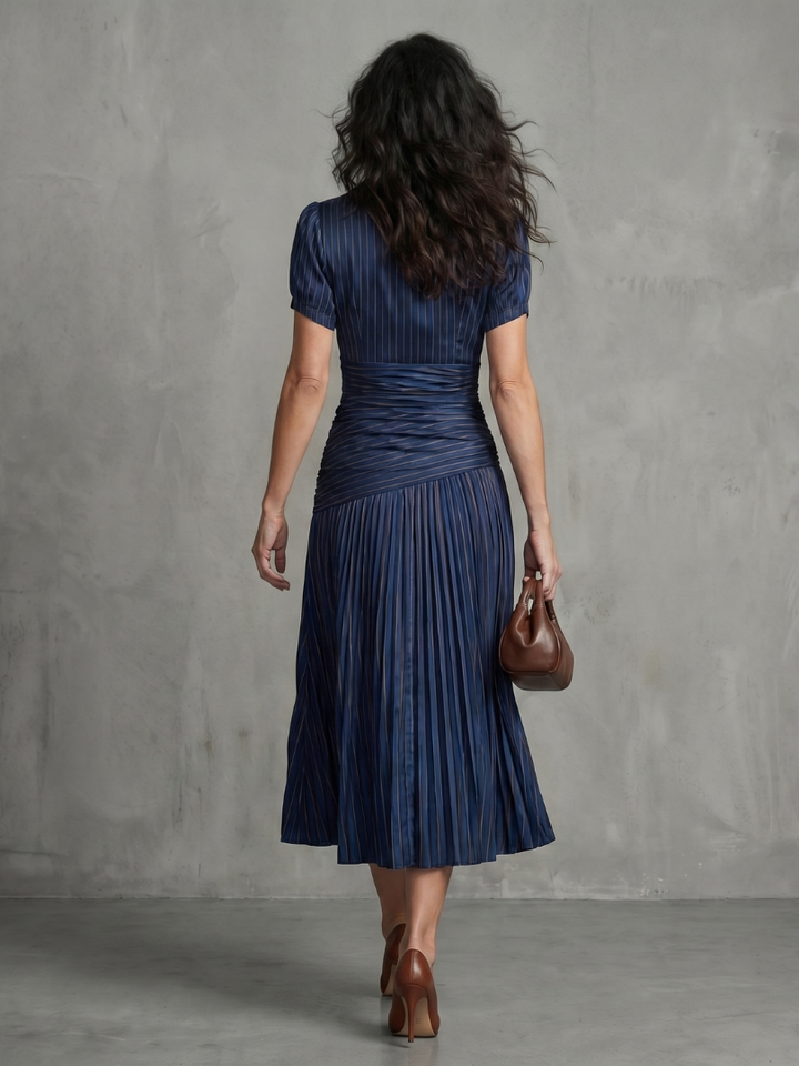 Eleanor Pleated Waistline Stripe Midi Dress