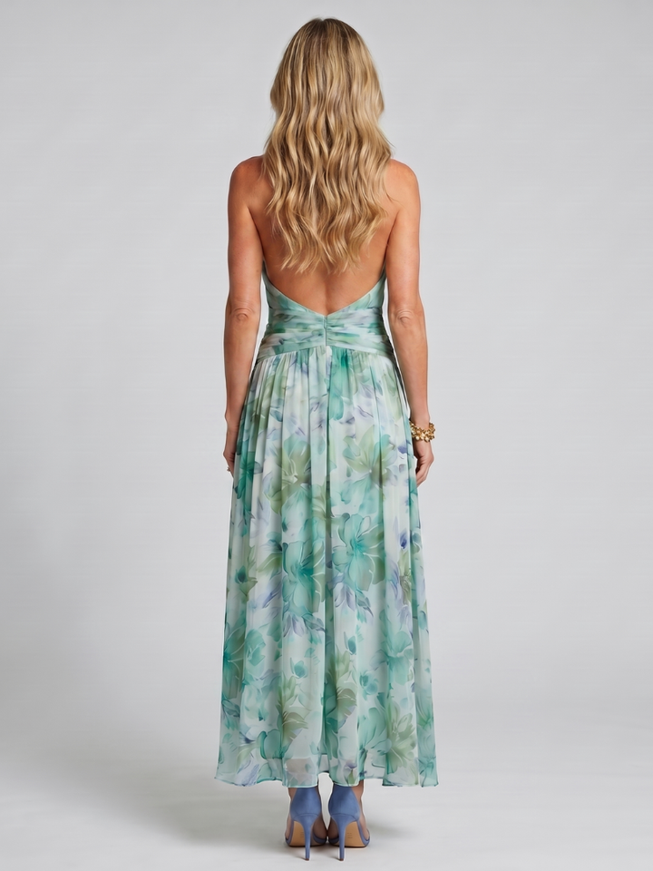 Layla Pleated Halter Soft Floral Pattern Midi Dress