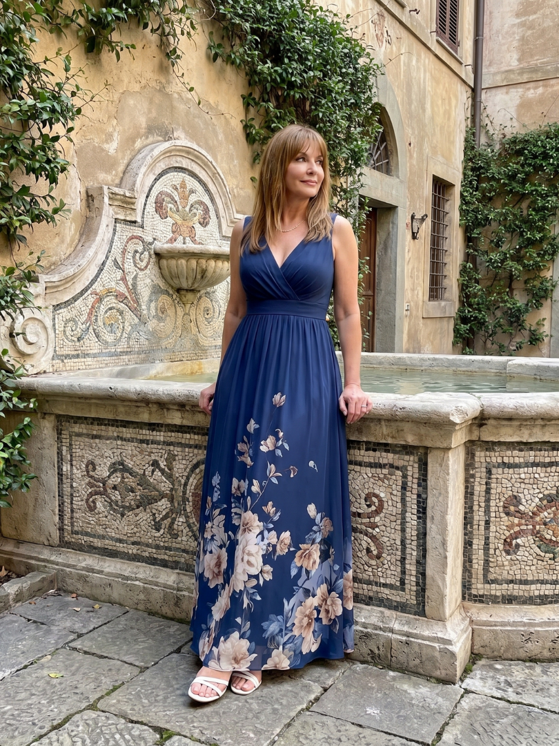 Vanessa Sleeveless V Neck Soft Floral Hem Midi Dress