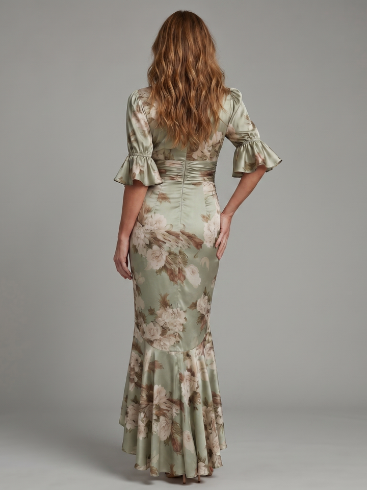 Kelsey Short Sleeve V Neck Ruched Waist Midi Dress