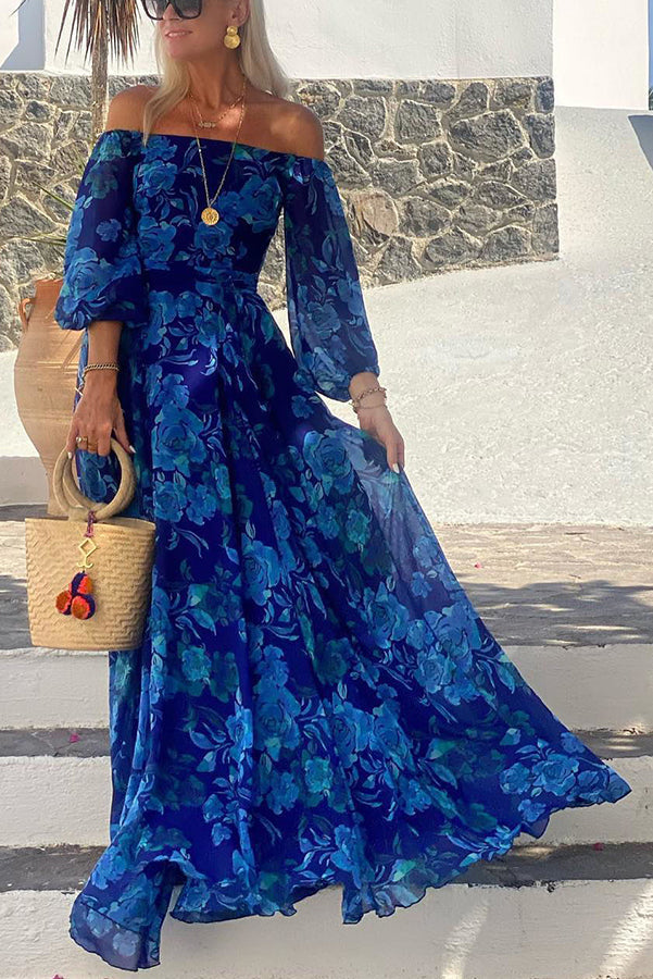 Savannah Long Floral Print Dress with Off-the-Shoulder Sleeves