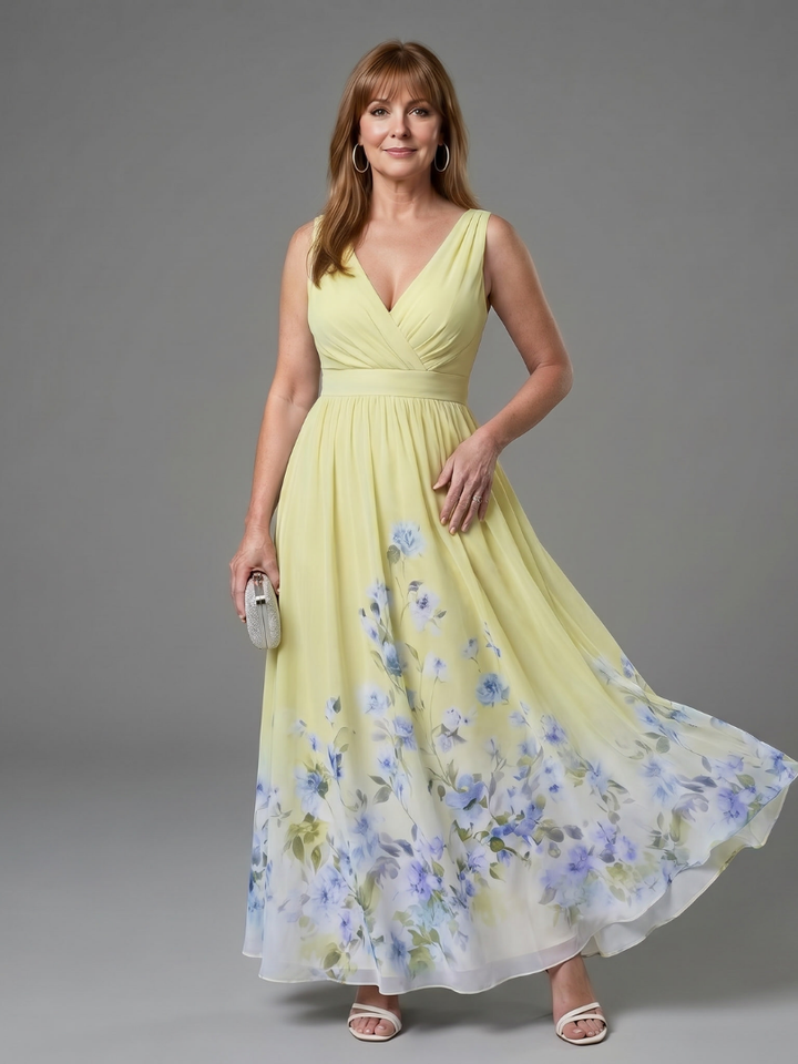 Vanessa Sleeveless V Neck Soft Floral Hem Midi Dress