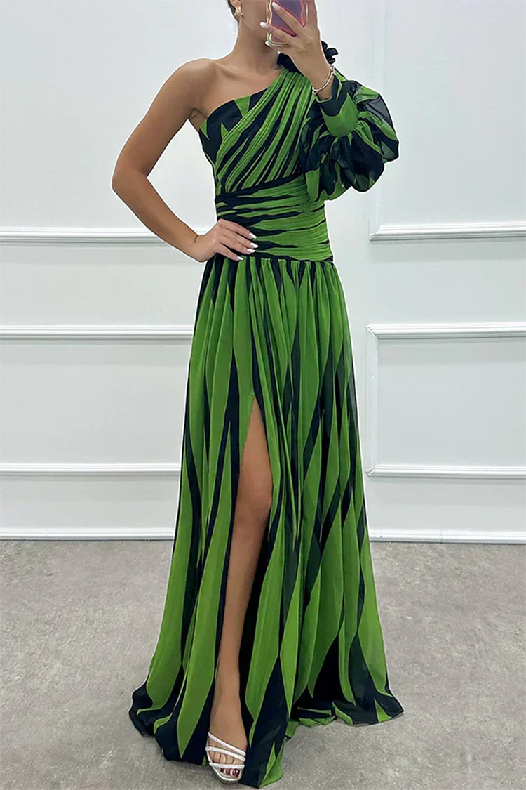 Stella & Grace™ |Elegant Striped Maxi Dress with One Shoulder