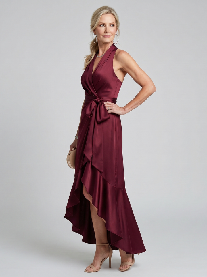 Avery Halter Neck Wrap Asymmetric Hem Midi Dress