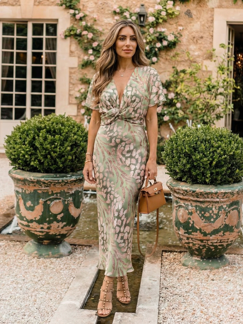 Katherine Abstract Print V Neck Twist Waist Midi Dress