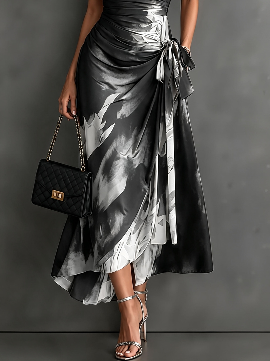 Red Black Abstract Print Wrap Midi Dress Collared V Neck Short Sleeve Tie Waist Ruffled High‑Low Hem Dress