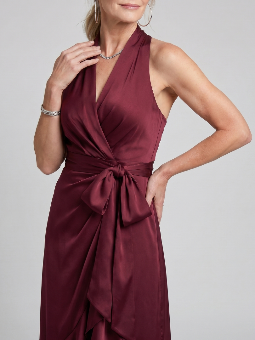 Avery Halter Neck Wrap Asymmetric Hem Midi Dress