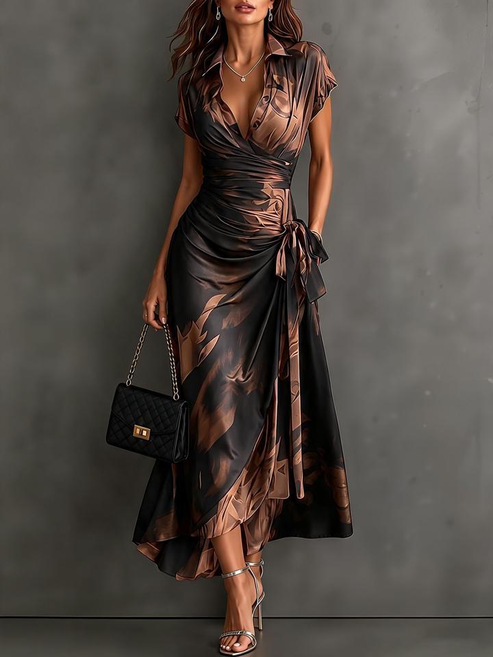 Brown Black Abstract Print Wrap Midi Dress Collared V Neck Short Sleeve Tie Waist Ruffled High‑Low Hem Dress