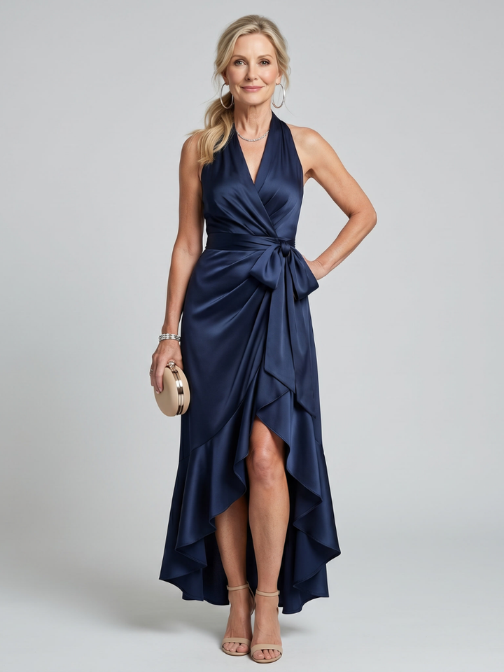 Avery Halter Neck Wrap Asymmetric Hem Midi Dress