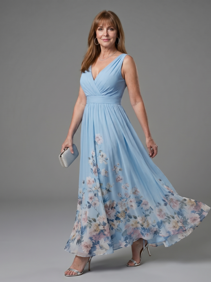 Vanessa Sleeveless V Neck Soft Floral Hem Midi Dress