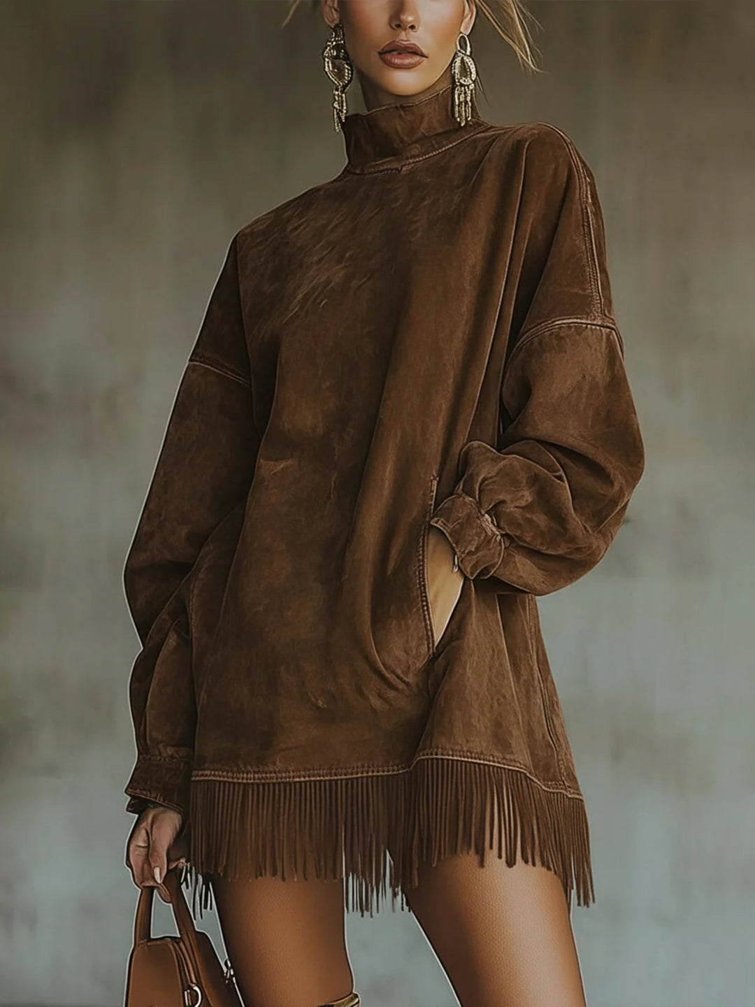 Matilda - Suede Dress with High Neck and Fringe