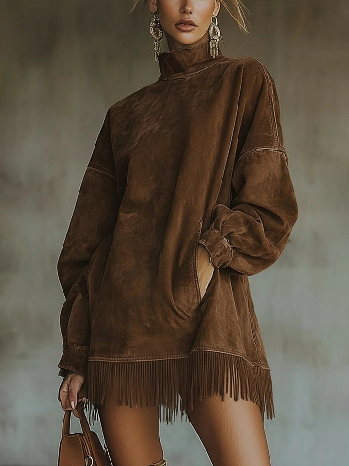 Matilda - Suede Dress with High Neck and Fringe