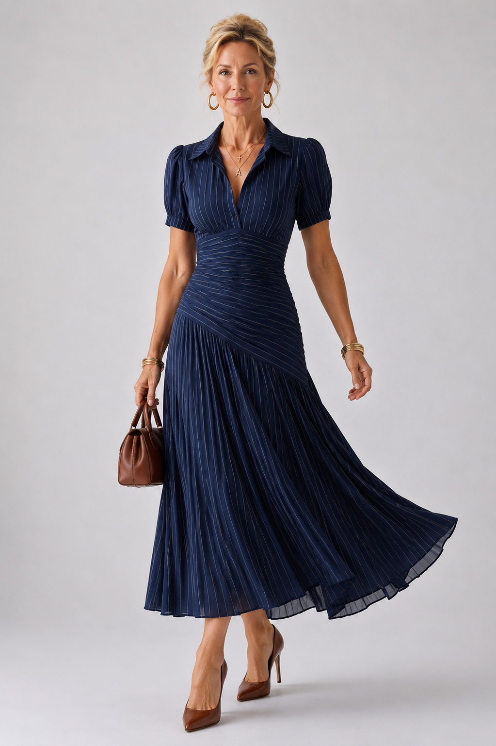 Eleanor Pleated Waistline Stripe Midi Dress