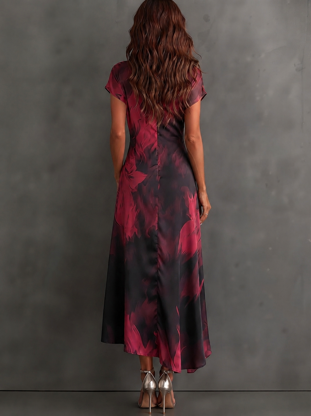 Red Black Abstract Print Wrap Midi Dress Collared V Neck Short Sleeve Tie Waist Ruffled High‑Low Hem Dress