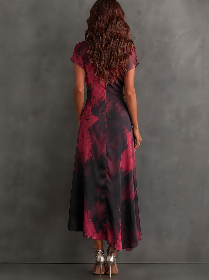 Red Black Abstract Print Wrap Midi Dress Collared V Neck Short Sleeve Tie Waist Ruffled High‑Low Hem Dress