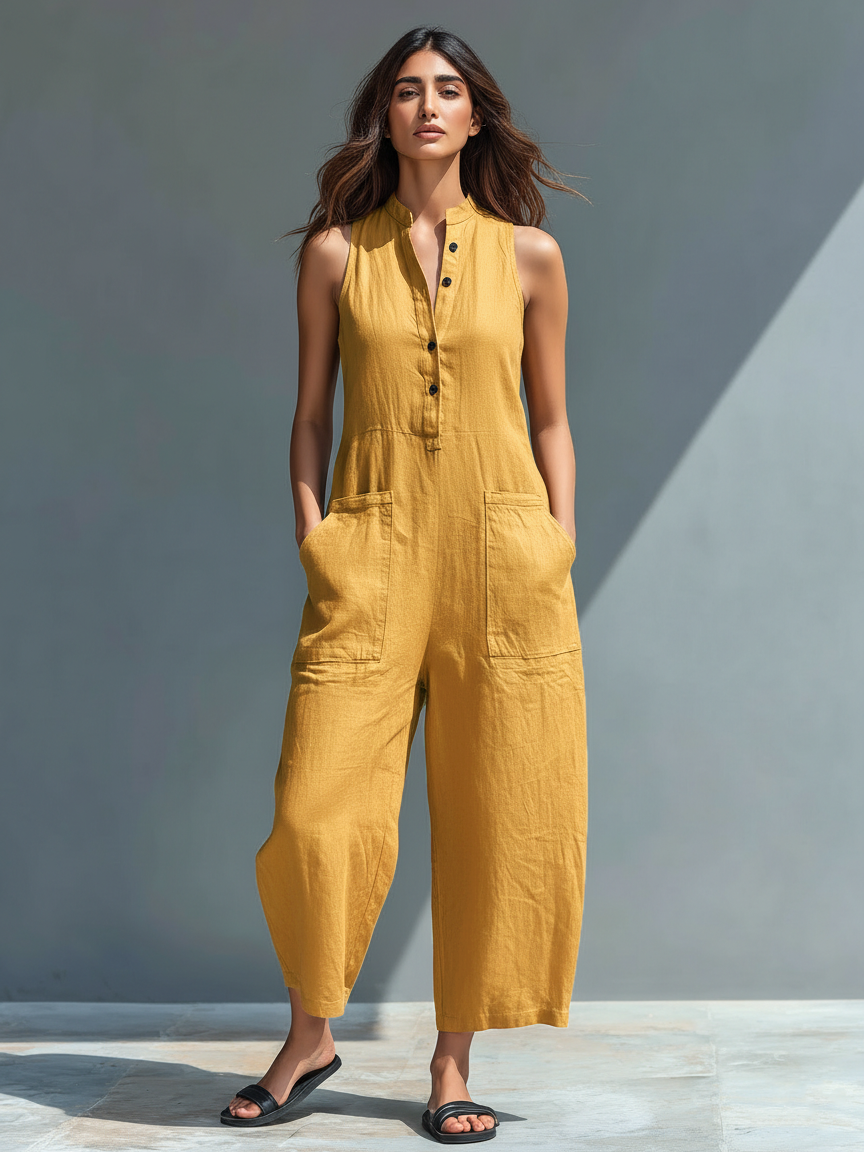 Mouwloze Jumpsuit voor Vrouwen met Hoge Kraag en Knopen