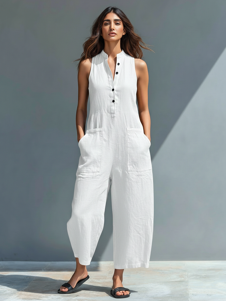 Mouwloze Jumpsuit voor Vrouwen met Hoge Kraag en Knopen