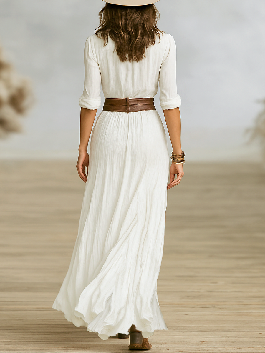Lucy - Long Linen Dress with Reversed Collar