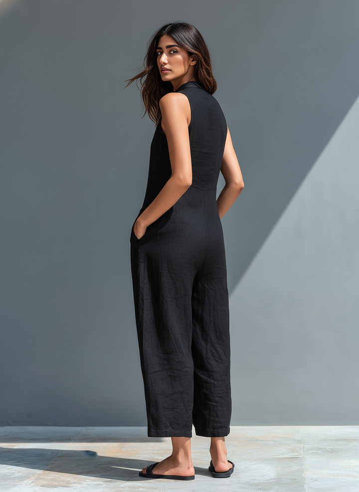 Mouwloze Jumpsuit voor Vrouwen met Hoge Kraag en Knopen
