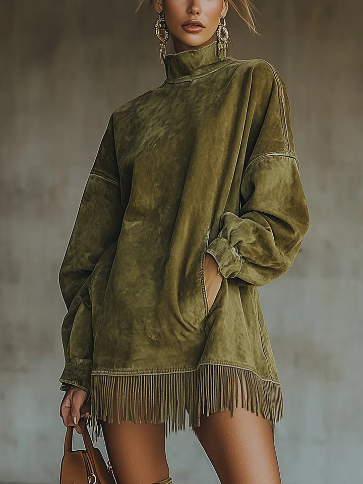Matilda - Suede Dress with High Neck and Fringe