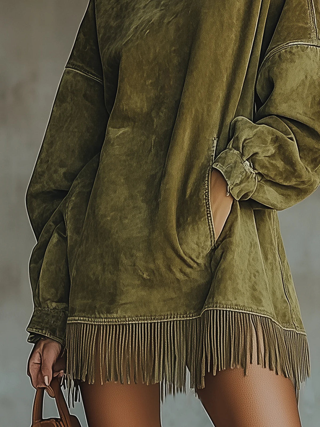 Matilda - Suede Dress with High Neck and Fringe