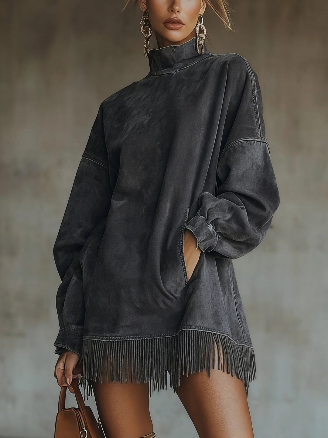 Matilda - Suede Dress with High Neck and Fringe