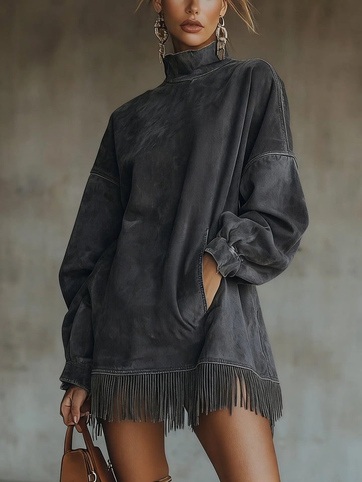 Matilda - Suede Dress with High Neck and Fringe