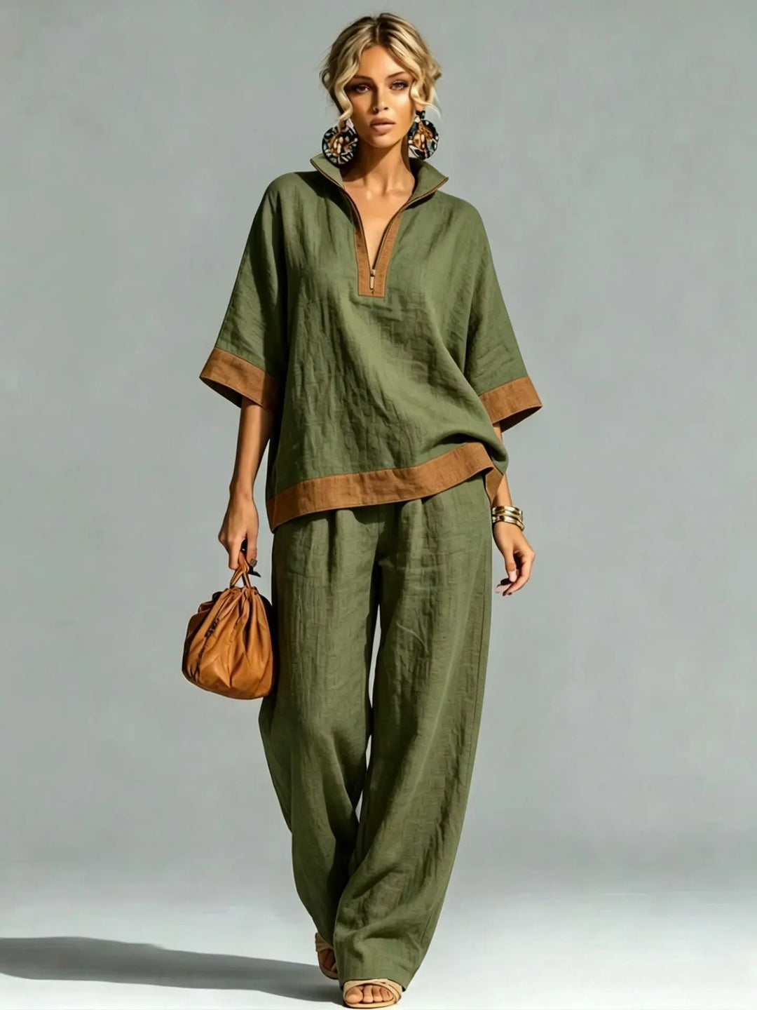 Vrouwen Vintage Linnen-Look Co-ord Set