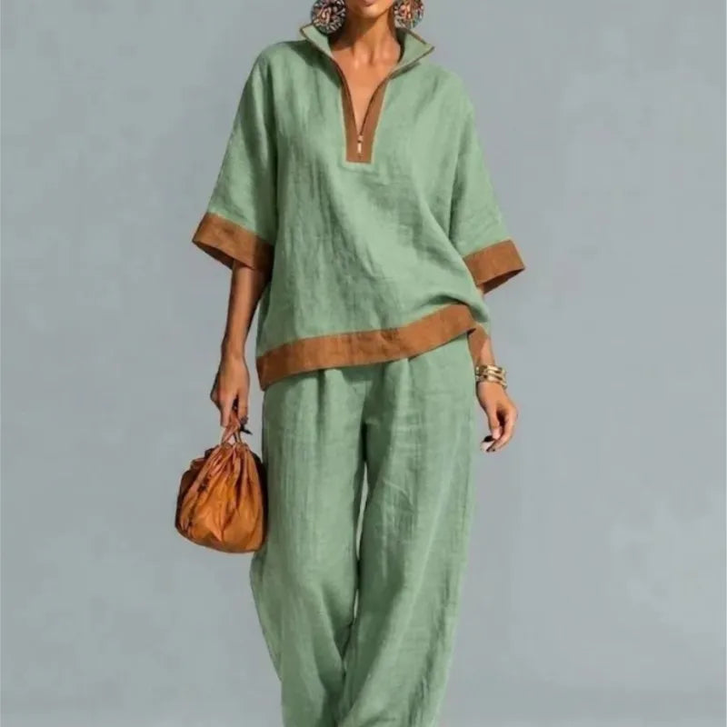 Vrouwen Vintage Linnen-Look Co-ord Set