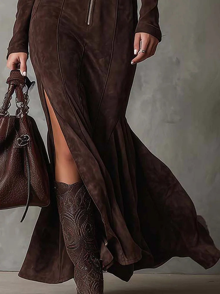 Mia - Long brown dress with belt